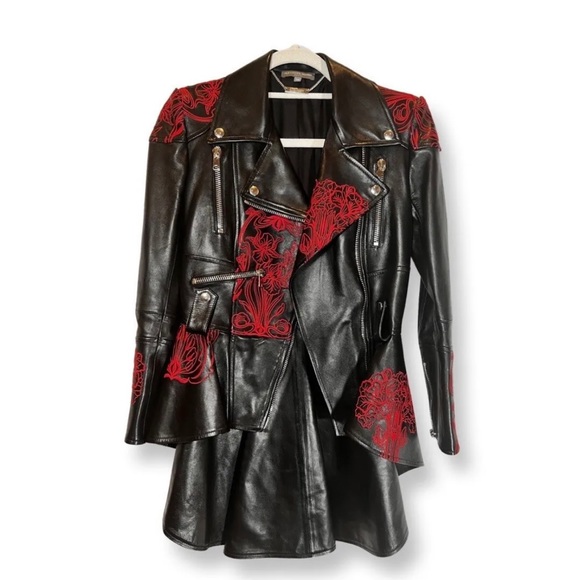 Alexander McQueen Zip Front Embroidered Peplum Leather Moto Jacket, Black, IT38 - Picture 11 of 12